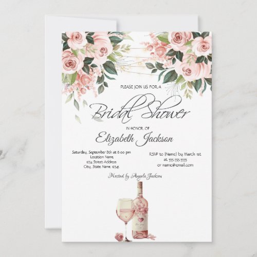 Wine Glass Bottle Lights Roses Bridal Shower  Invitation