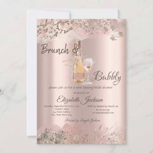 Wine Glass Bottle Rose Gold Border Bridal Shower Invitation