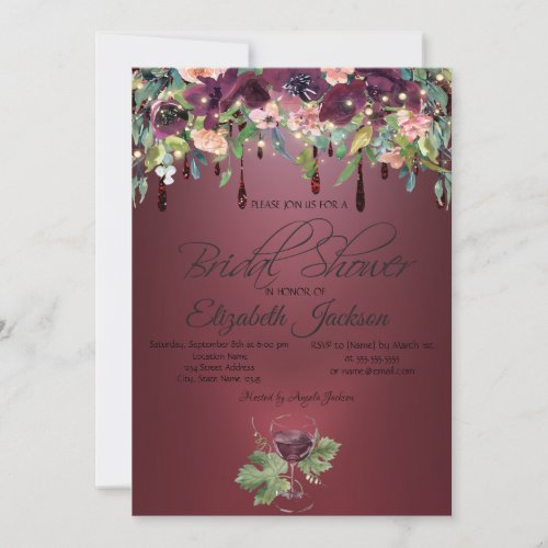 Wine Glass Burgundy Roses Drips Bridal Shower  Invitation