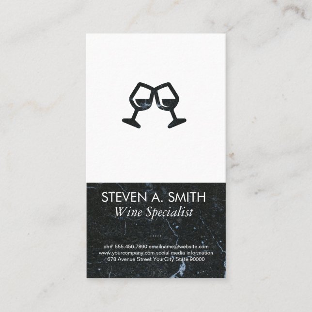 Wine Glass Cheers Icon | Black Marble Business Card (Front)