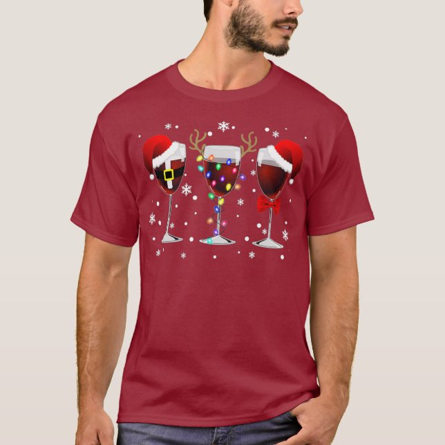 Wine Glass Christmas Light with Santa Hat Bow T-Shirt (Front)