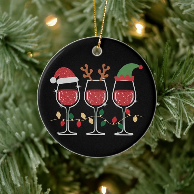 Wine Glass Christmas Lights Xmas Holiday Drinking Ceramic Ornament (Tree)