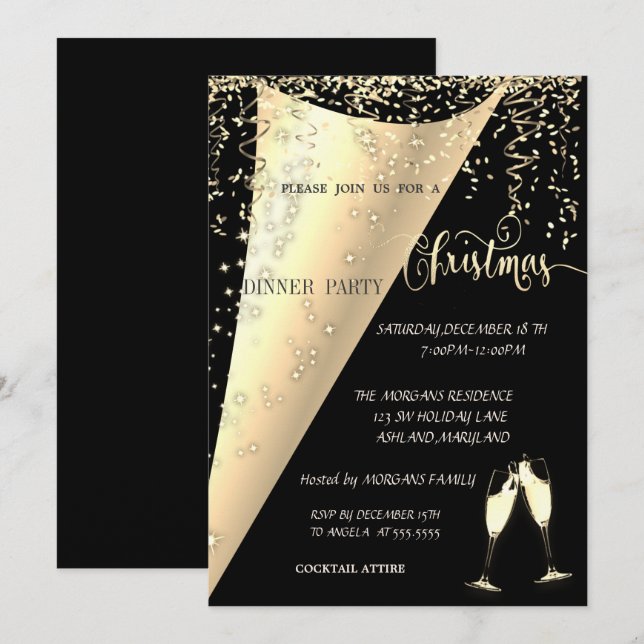 Wine Glass,Confetti, Black ,Gold Christmas Party Invitation (Front/Back)