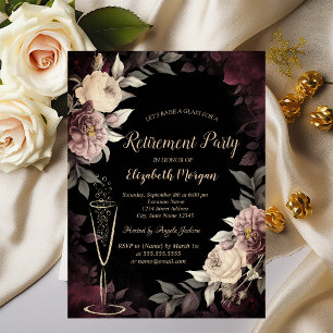  Wine Glass Dark Roses Retirement Invitation
