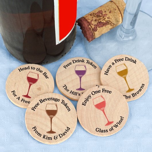 Wine Glass Drink Token Wooden Nickels (Front)