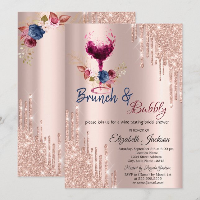 Wine Glass,Drips Brunch & Bubbly Bridal Shower  Invitation (Front/Back)