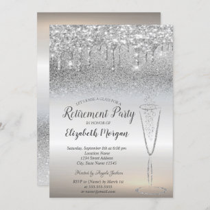 Wine Glass Drops Silver Glitter Bokeh Retirement Invitation