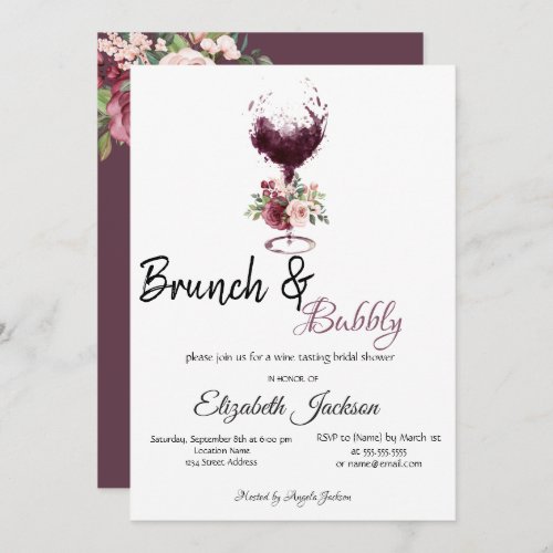 Wine Glass Floral Brunch  Bubbly Bridal Shower  Invitation