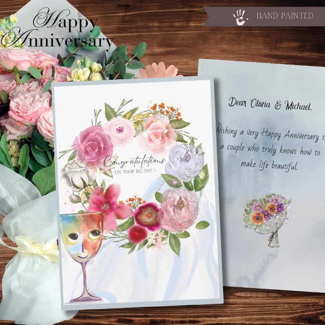 Wine Glass & Floral Wreath Wedding Anniversary  Holiday Card (Wine Glass & Floral Wreath Wedding Anniversary Holiday Card)