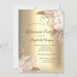 Wine Glass Gold Bokeh, Boho Flowers Reretirement Invitation