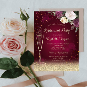 Wine Glass Gold Bokeh Floral Red Retirement Invitation
