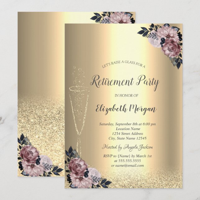 Wine Glass Gold Bokeh Floral Retirement I Invitation (Front/Back)