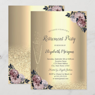 Wine Glass Gold Bokeh Floral Retirement I Invitation
