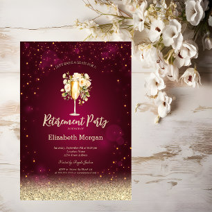 Wine Glass Gold Bokeh Roses Red Retirement  Invitation