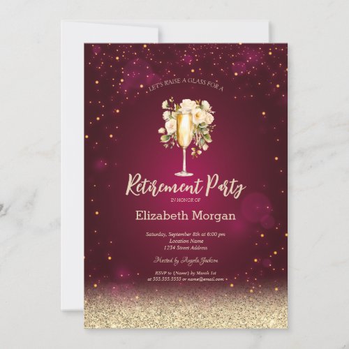 Wine Glass Gold Bokeh Roses Red Retirement  Invitation