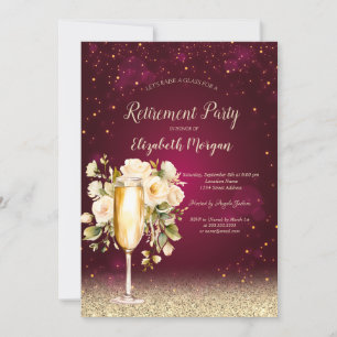 Wine Glass Gold Bokeh White Roses Red Retirement  Invitation