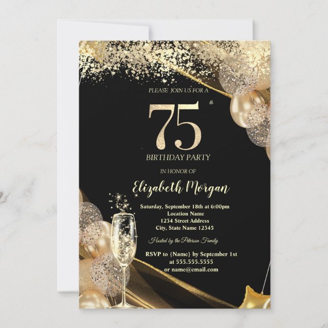 Wine Glass Gold Confetti Balloons 75th Birthday Invitation (Front)