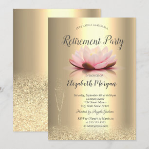Wine Glass Gold Glitter Bokeh Lotus Retirement Invitation