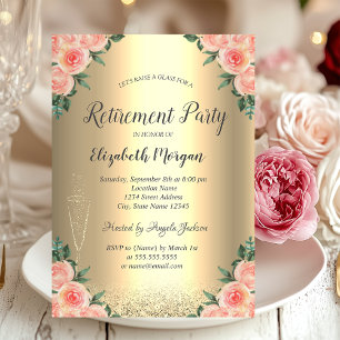 Wine Glass Gold Glitter Bokeh Roses Retirement Invitation