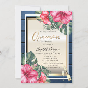 Wine Glass,Hibiscus Blue Wood Quinceanera Invitation