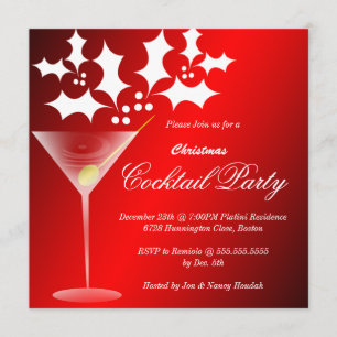 Wine Glass Holly Christmas Party Invitation