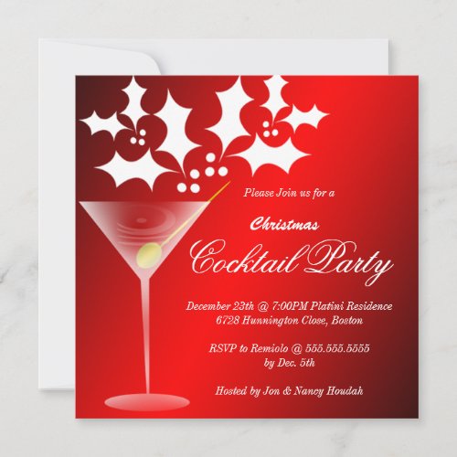 Wine Glass Holly Christmas Party Invitation