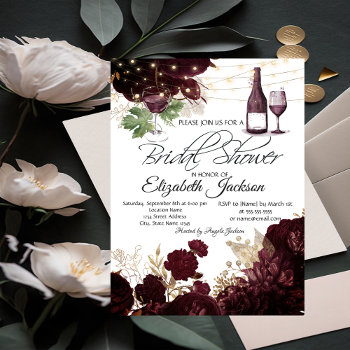 Wine Glass Lights Burgundy Flowers Bridal Shower  Invitation by Biglibigli at Zazzle