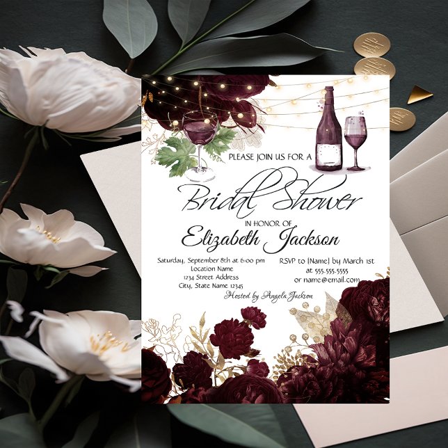 Wine Glass Lights Burgundy Flowers Bridal Shower  Invitation (Creator Uploaded)