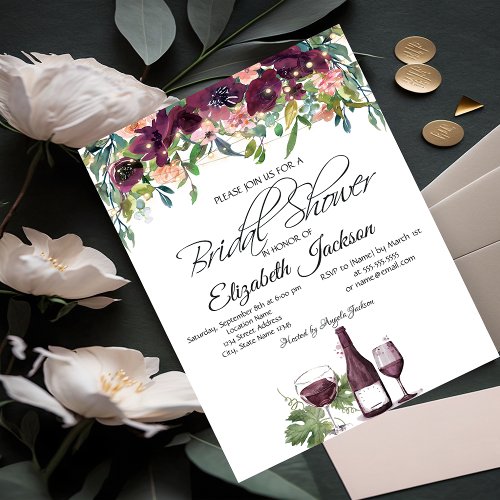 Wine Glass Lights Burgundy Roses Bridal Shower  Invitation