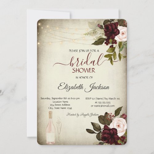 Wine GlassLights Burgundy Roses Bridal Shower Invitation