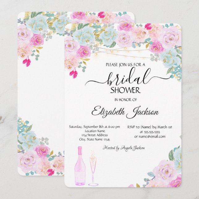 Wine Glass Lights Chic Roses Bridal Shower  Invitation (Front/Back)