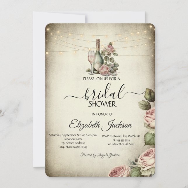 Wine Glass,Lights Roses Rustic Bridal Shower  Invitation (Front)