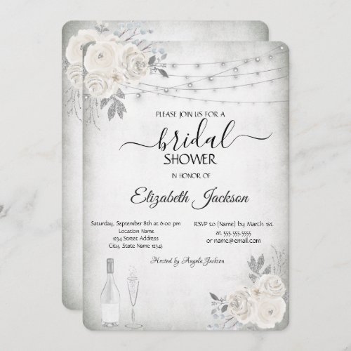 Wine Glass Lights White Roses Bridal Shower   Invitation