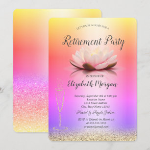 Wine Glass Ombre Glitter Bokeh Lotus Retirement Invitation