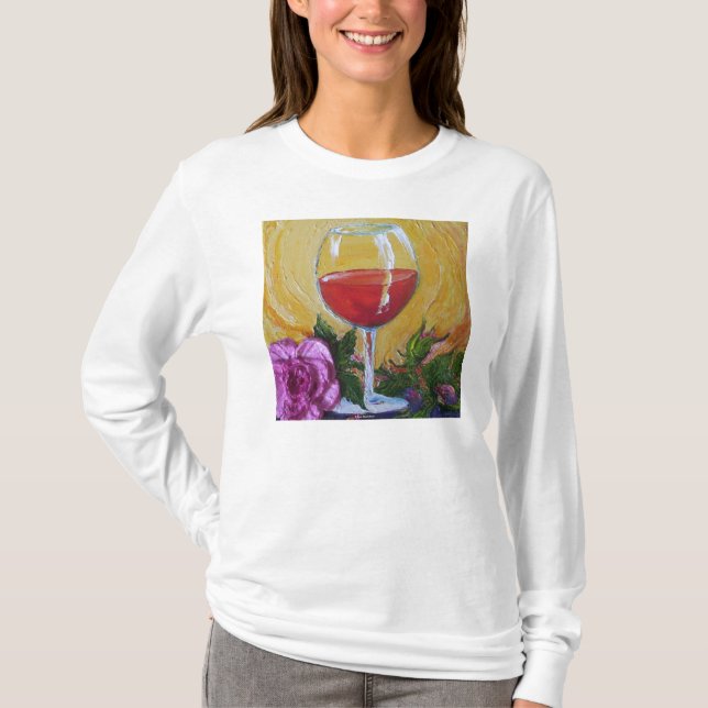 Wine Glass & Pink Rose Ladies Long Sleeve T-Shirt (Front)