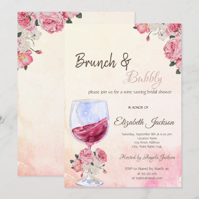 Wine Glass Roses Watercolor Bridal Shower Invitation (Front/Back)