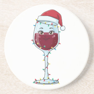 Wine Glass Santa Hat Christmas Lights Funny   Coaster