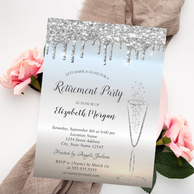 Wine Glass Silver Glitter Bokeh Drops Retirement Invitation (Creator Uploaded)