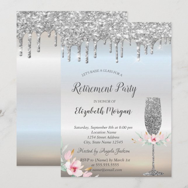 Wine Glass Silver Glitter Drops Floral Retirement Invitation (Front/Back)