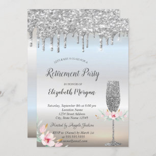 Wine Glass Silver Glitter Drops Floral Retirement Invitation