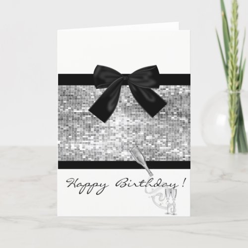Wine GlassSilver SequinsBow Birthday Card