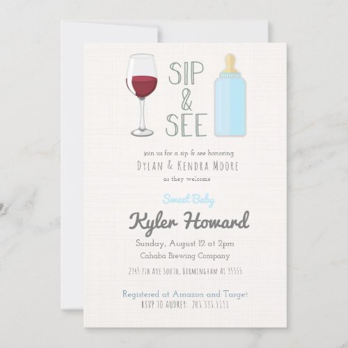 Wine Glass Sip  See Baby Boy Shower Invitation