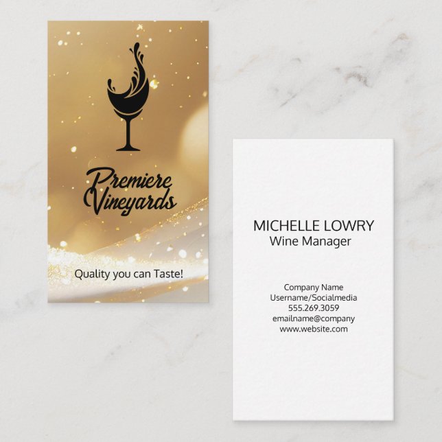 Wine Glass Splash Logo | Gold Bokeh Background Business Card (Front/Back)
