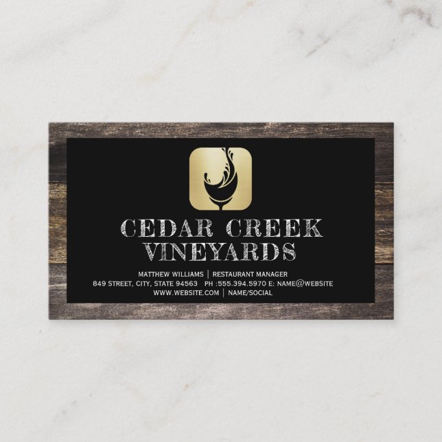 Wine Glass Splash Logo | Wood Border Business Card (Front)