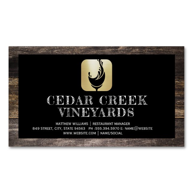 Wine Glass Splash Logo | Wood Border Business Card Magnet (Front)