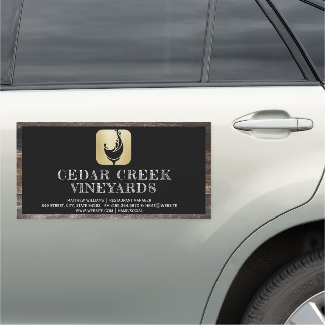 Wine Glass Splash Logo | Wood Border Car Magnet (In Situ)