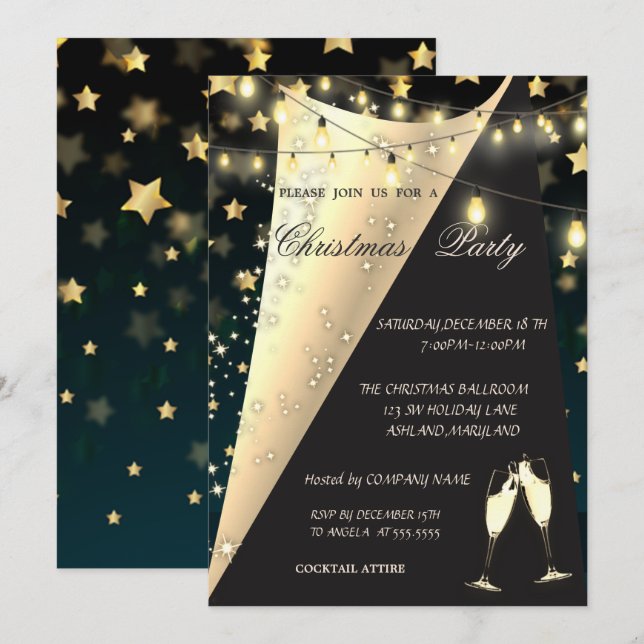 Wine Glass, Stars,Lights Company Christmas Party Invitation (Front/Back)