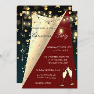 Wine Glass, Stars,Lights Red Black Christmas Party Invitation