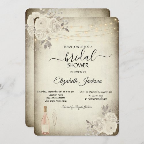 Wine Glass String Lights Roses Bridal Shower  Invitation