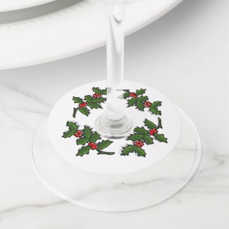 Wine Glass Tag- Holly Leaves and Berries Wine Glass Tag